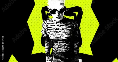 Girl in cyberpunk style on an aggressive background and grunge effect. Motion design fun animation. Art collage, magazine style. Suitable for use in vj and misic videos.