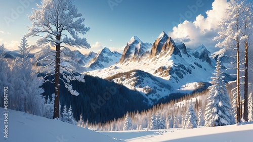 Winter landscape with snowy fir trees and snow-capped mountains.