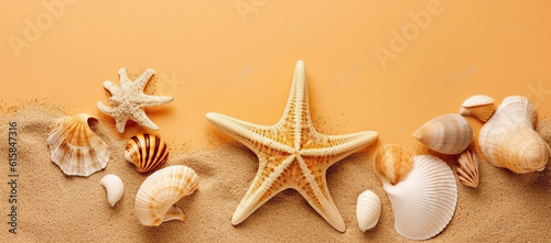 Sand with starfishes and seashells on pale orange background, Generative AI