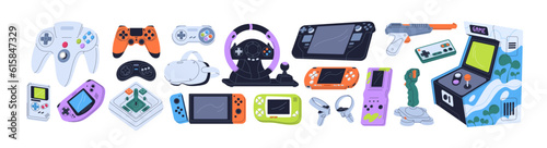 Game machine, joystick, videogame console, playing controller, gamepad set. Gamers digital gadgets, joypads, toy gun in modern and retro styles. Flat vector illustrations isolated on white background photo