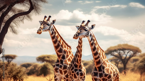 Two giraffes standing next to each other in a field with trees and a sky with clouds in the background. Generative AI