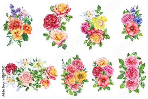 Set of watercolor floral illustrations for wedding invitation, birthday, card, design, print and fabric. Flower and leaf