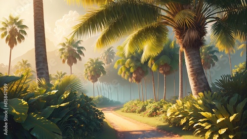 Palm trees in the tropical forest. 3d render illustration.