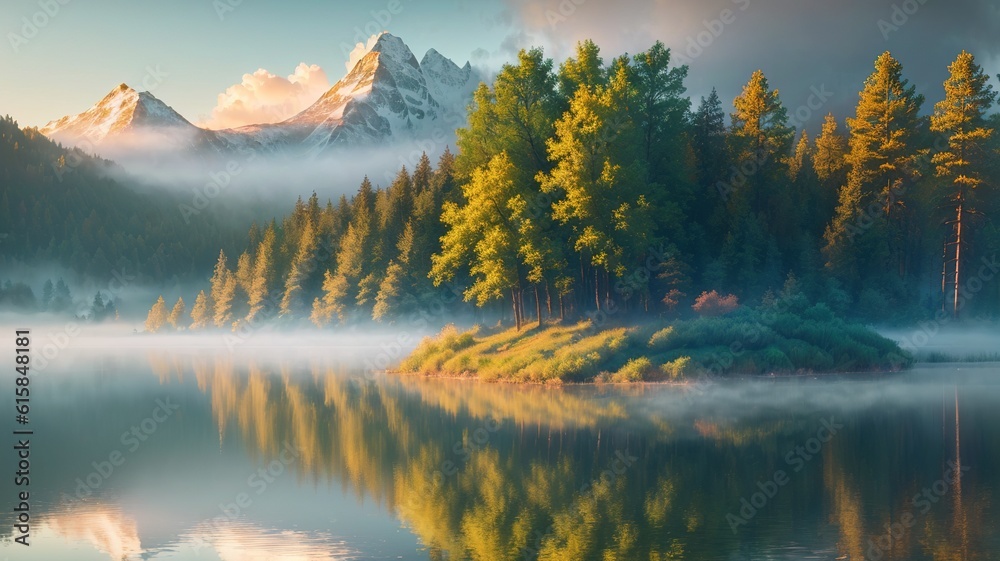 Foggy morning at the lake. Landscape with fir forest and mountains.