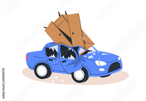 Car smashed by furniture. Cupboard fallen on auto top, hitting roof, breaking windows. Destroyed broken injured vehicle, shattered glass shards. Flat vector illustration isolated on white background