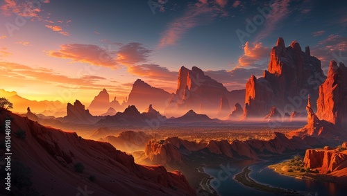 Fantasy landscape. 3D illustration of beautiful sunset over the lake