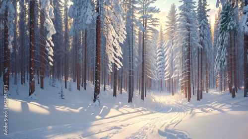 Snowy winter forest in the rays of the setting sun. Winter landscape.