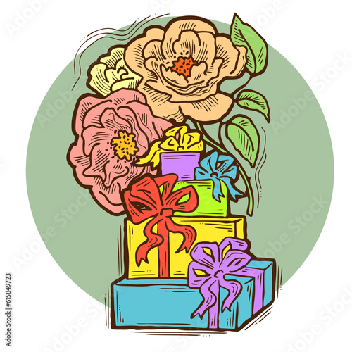 Present box with ribbon bow decorated with flowers for birthday gift  sale promotion  valentines or mothers day card  poster print. Hand drawn cartoon style illustration. Line drawing.