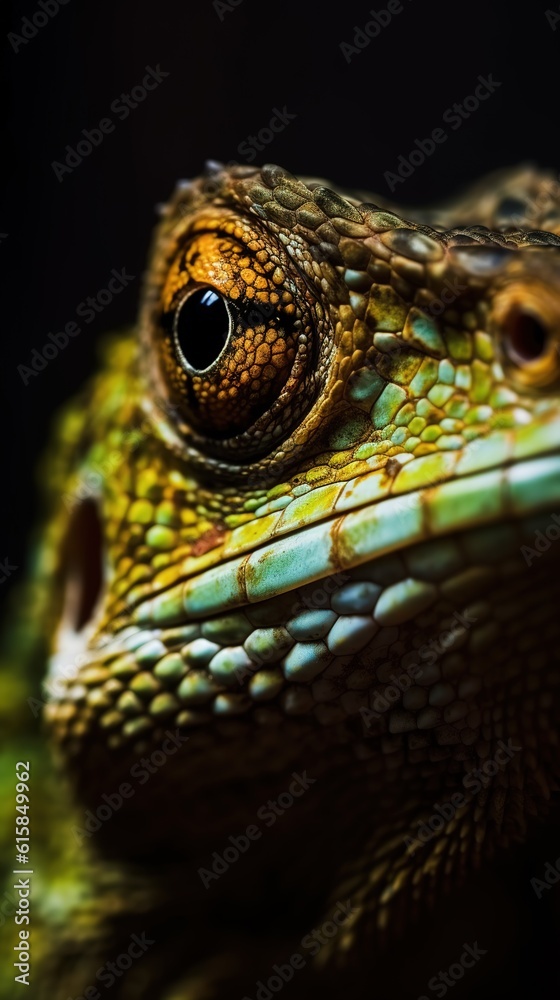 vertical close up portrait of a green lizard, reptile eye macro. generated ai vertical close up portrait of a green lizard, reptile eye macro. generated ai