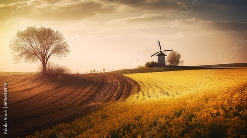 idyllic landscape windmill in a flower field, lonely tree, harvest, sunset. generated ai