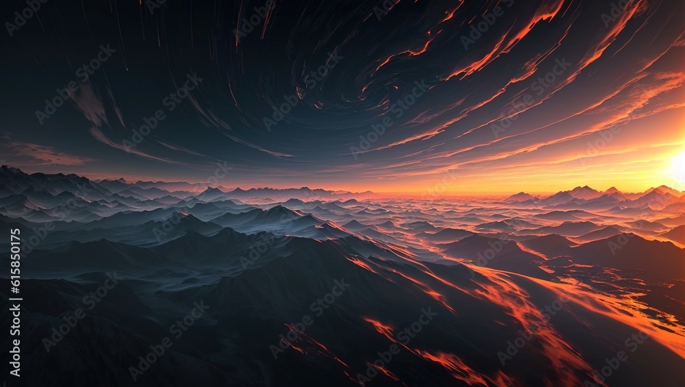 Fantasy planet. Mountain and sky. 3D illustration.
