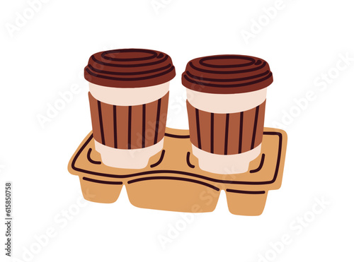 Takeaway coffee cups on tray to carry. Takeout hot drinks to go in paper mugs with lids and sleeves, zarf. Take-away tea and coffe on holder. Flat vector illustration isolated on white background