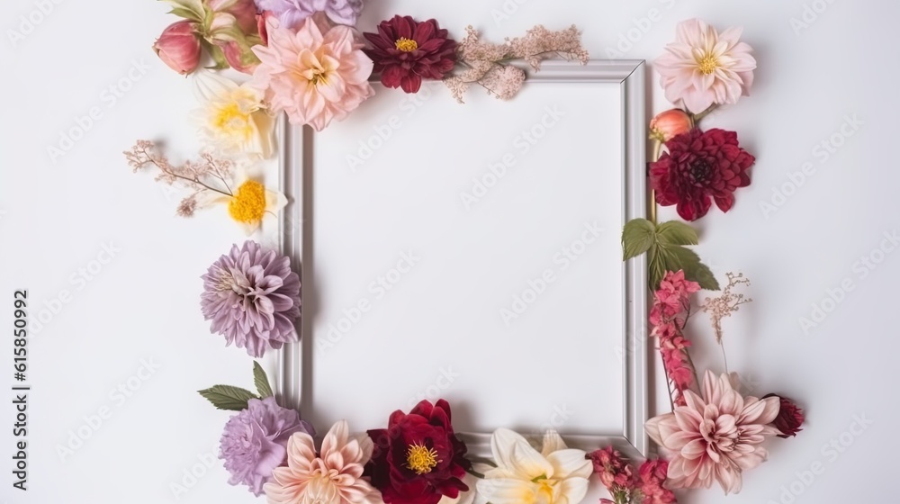 Mockup of picture frame decorated with spring flowers clean space for text on white background Mockup of picture frame decorated with spring flowers clean space for text on white background