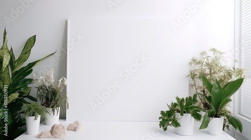 Empty white banner with mock up space white of signboard on plants wall space for text