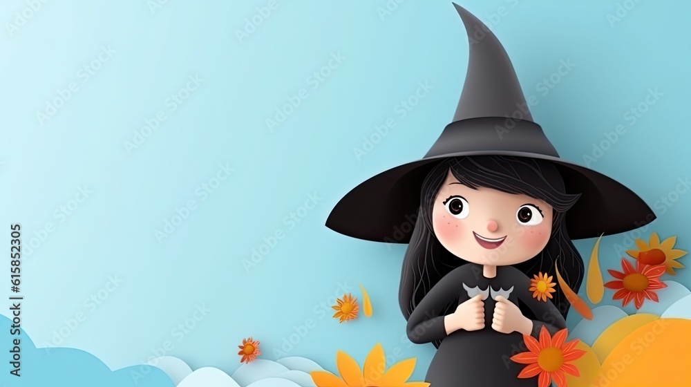 Halloween cute witch with a broom background, wishes for halloween greeting, halloween background
