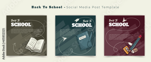 Set of social media post template with blackboard and book for back to school campaign design