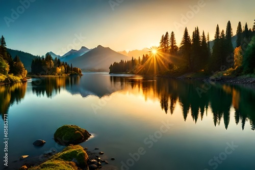 sunrise over lake generative by AI technology