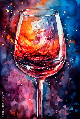 Watercolor illustration, a glass with red wine on a dark background.