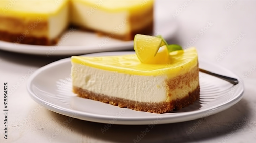 A slices of lemon cheesecake on a plate. Generative AI A slices of lemon cheesecake on a plate. Generative AI