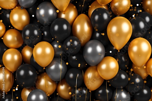 Balloons full of air flying, Golden and Black balloons backdrop, Bunch of golden and black balloons tied together for wedding anniversary celebration concept background, generative ai, shiny glossy 3d