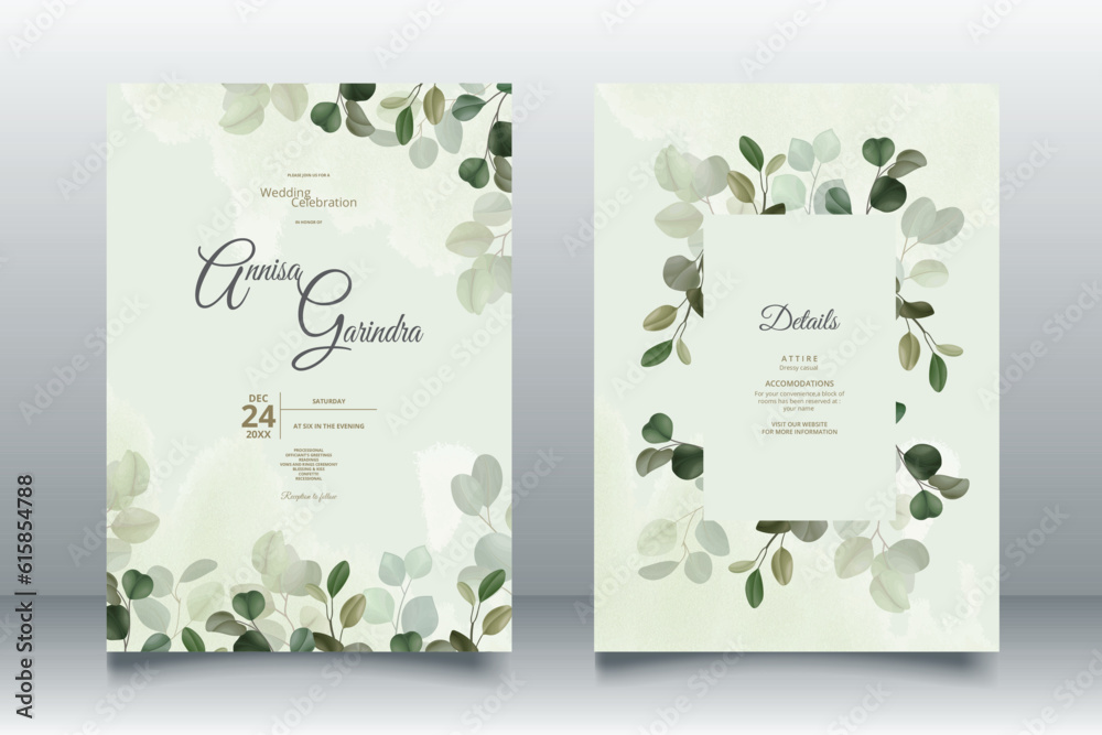 Beautiful eucalyptus leaves wedding invitation card template Premium Vector
