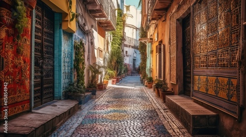 Street view of a Moroccan alley with colorful houses. Generative AI © senadesign