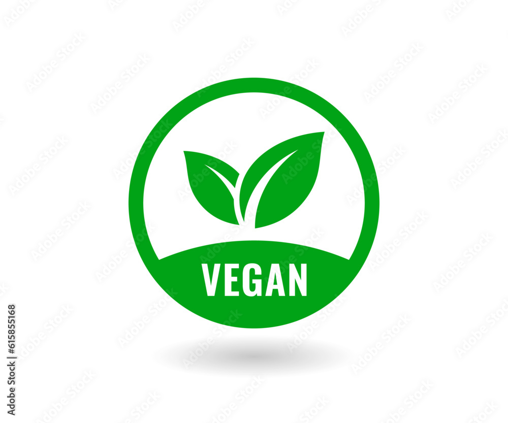 Vegan icon. Organic, bio, eco symbols. Round green with leaves for stickers, labels, and logos Vegan icon. Organic, bio, eco symbols. Round green with leaves for stickers, labels, and logos