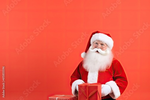 santa claus giving christmas gifts, Santa carrying gifts to children copy space for text, Santa Claus holds a gift in his hands. Santa's hands holding a gift.