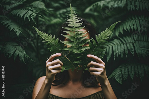 a woman covering her face with fern leaves in front of her, surrounded by green foliage and dark forest background