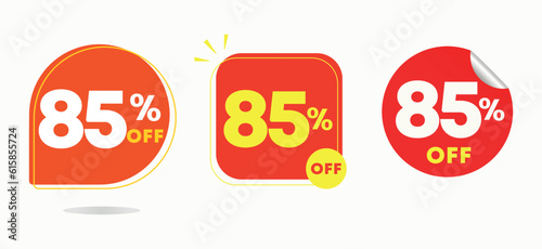 85% off. Tag for campaign, special offers, retail clearance. Discounted sales price. Vector, icon, illustration, sticker