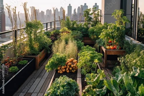 Vegetable garden in a big city apartment terrace, generative ai