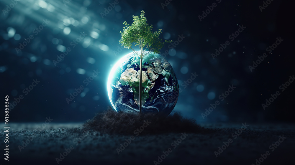 Obraz premium Tree growing on Earth with abstract blue background. Generative Ai