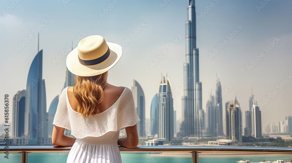 A woman wearing a white hat stands on a balcony in front of Dubai Downtown's skyline. Generative AI