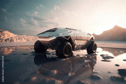 an off - road vehicle in the middle of a desert with mountains in the background and water on the ground