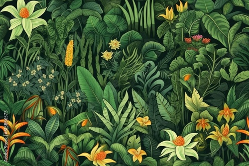 Illustration features tropical pattern and jungle vegetation. (Illustration, Generative AI)