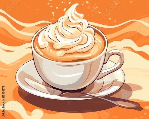 An illustrated cup of hot cappuccino coffee. (Illustration, Generative AI)