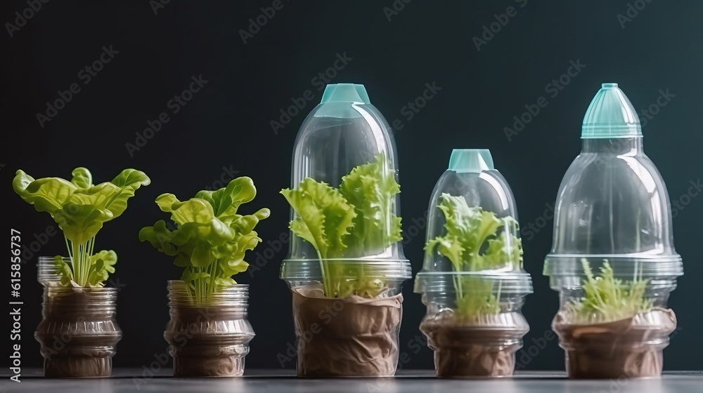 growing lettuce in used plastic bottles and cups, reuse eco, sustainable living, recession concept. Generative Ai growing lettuce in used plastic bottles and cups, reuse eco, sustainable living, recession concept. Generative Ai