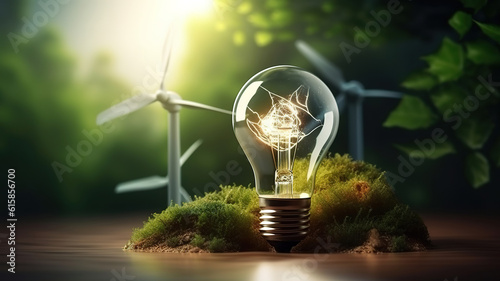 Hand holding light bulb on green nature with icons energy sources for renewable. Generative Ai photo