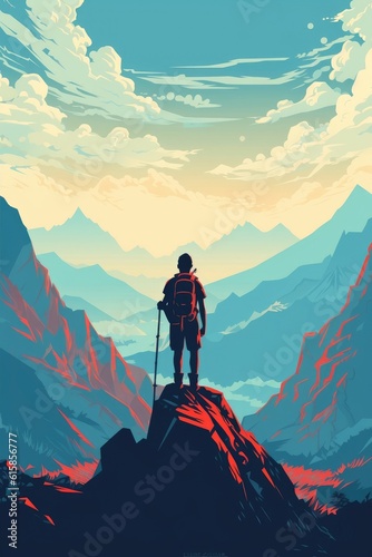 A hiker on mountain enjoying scenic view. (Illustration, Generative AI)