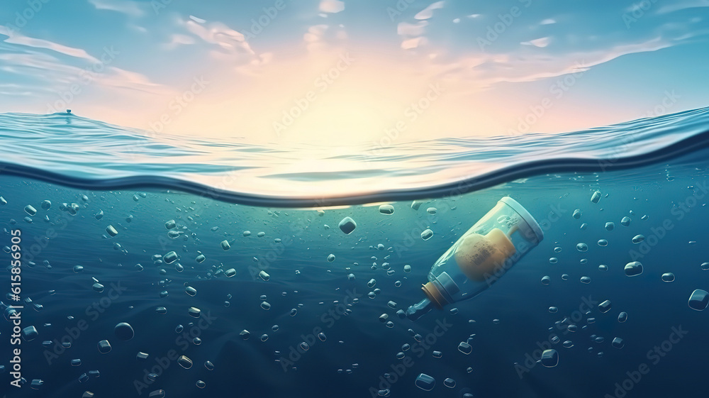 Pollution concept with plastic waste, Empty bottle on the shore of the beach. Generative Ai