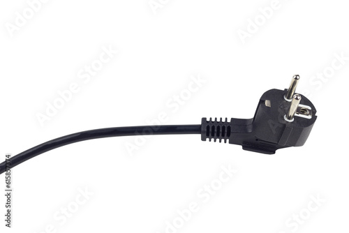 Electric European plug on a white background. The concept of saving electricity or charging. Black power cable with plug