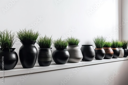 On a white shelf, a line of pots is seen. Black pots with fake grass in front of a white wall. Copy space. Generative AI