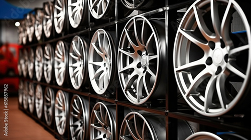 The Allure of Alloy Wheels Displayed in the Modern Tire Store. Generative AI © Gasspoll