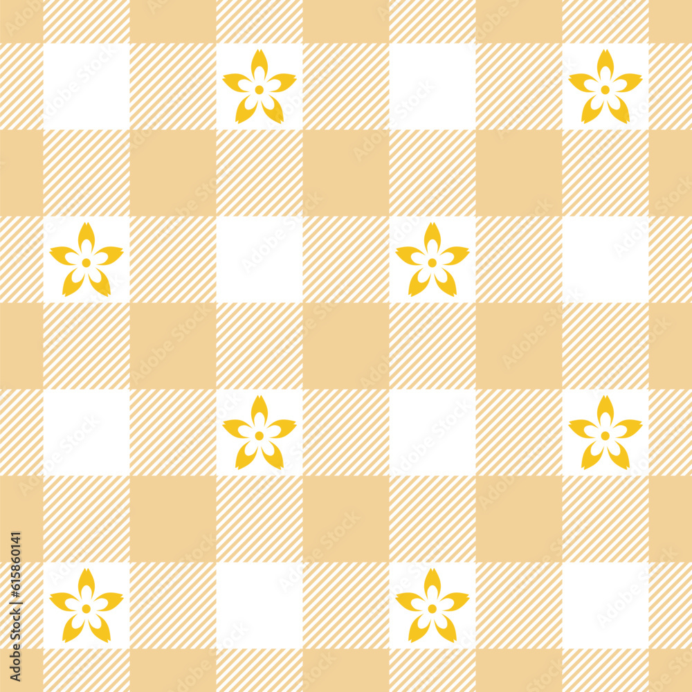 Seamless gingham pattern with pale yellow irises, for dress, scarf, skirt, picnic tablecloth, other fabric design Seamless gingham pattern with pale yellow irises, for dress, scarf, skirt, picnic tablecloth, other fabric design