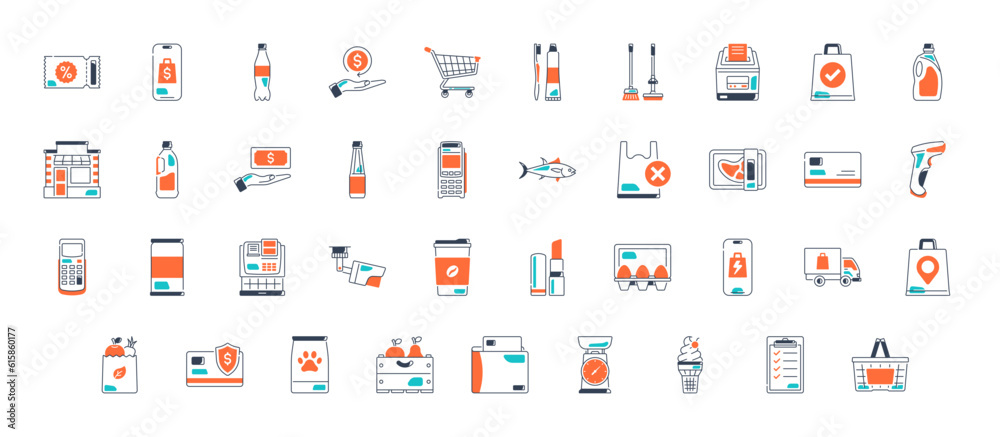 Grocery icons. Images of the departments of the grocery store, online sales, geo delivery, consumer basket, dairy and meat products, bread, vegetables, fruits Grocery icons. Images of the departments of the grocery store, online sales, geo delivery, consumer basket, dairy and meat products, bread, vegetables, fruits