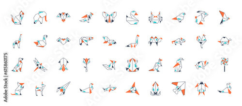 Origami Folded Paper Animals Shapes. Bird, Crane, Cat, Dog, Rhino, Fox, Mouse, Elephant. Flat Icon Illustration Set Collection
