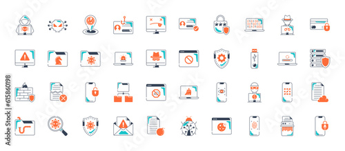 Set of 40 icons related to internet security, IOT, internet of things, smart house, innovation. Icon collection vector illustration.
