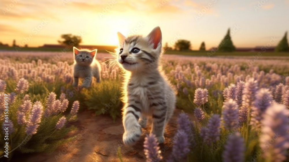 Obraz premium kitty cat and puppy on wild meadow field ,groop of bee and butterfly on flowers lavender, poppy ,daisies, cornflowers at summer sunset ,generated ai