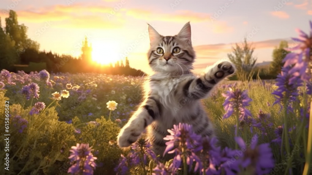 Obraz premium kitty cat and puppy on wild meadow field ,groop of bee and butterfly on flowers lavender, poppy ,daisies, cornflowers at summer sunset ,generated ai
