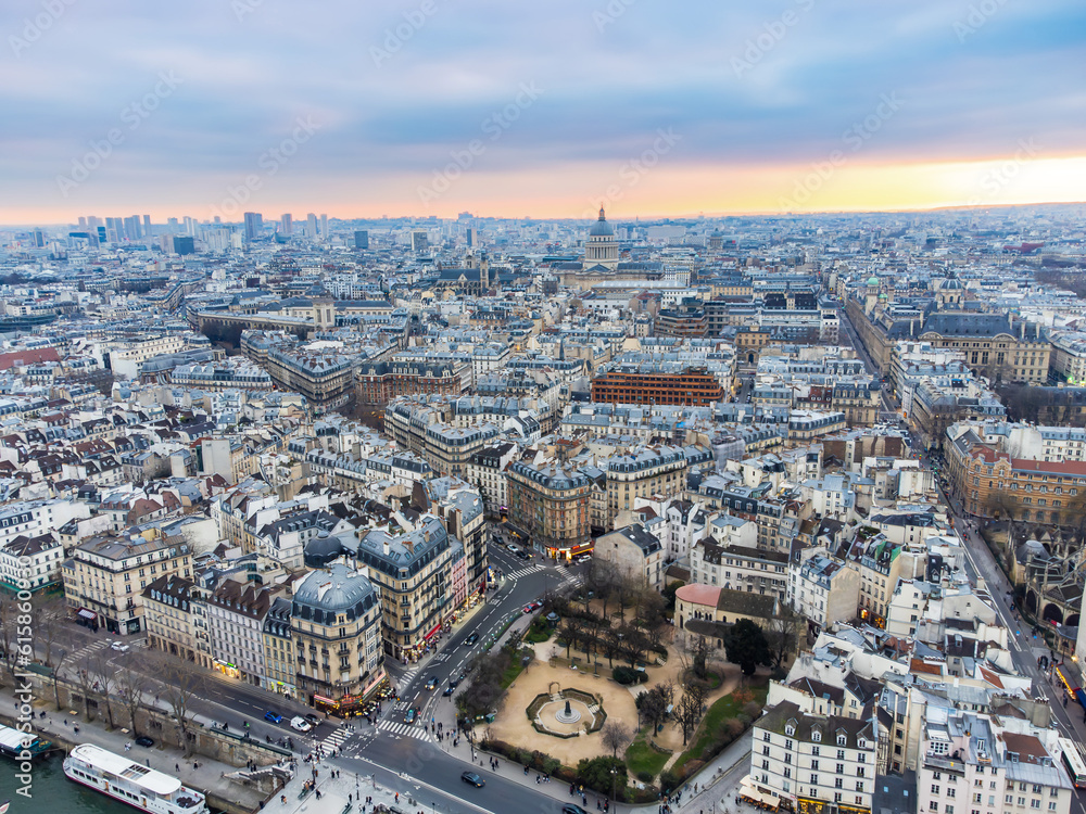 Aerial drone view of the cityscape of París, France with The Panthéon, from the Classical Greek, The Square René Viviani and other buildings in Paris, France